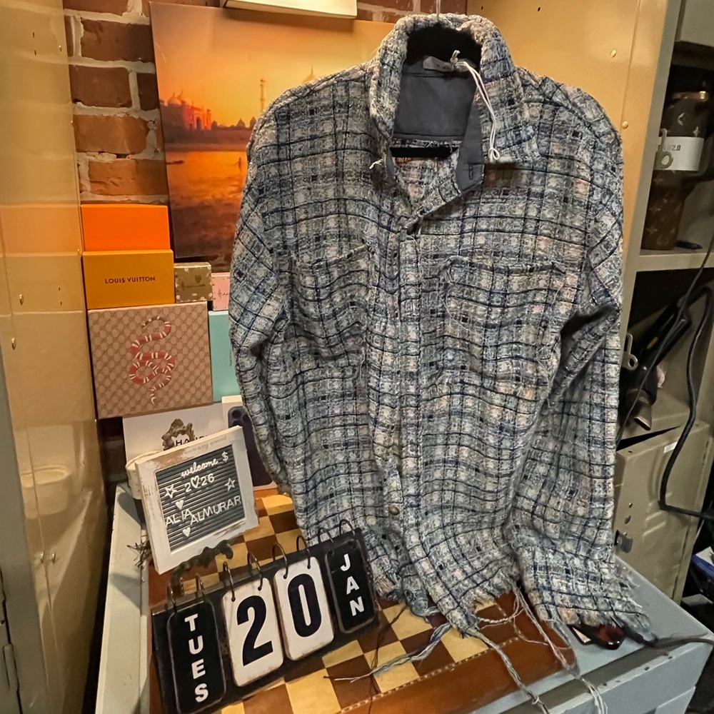 MNML Men's Raw Edge Flannel Shirt Oversized Button Up